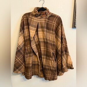Womens Ralph Lauren Brown Plaid Wool-Blend Cape with Buckle Neck